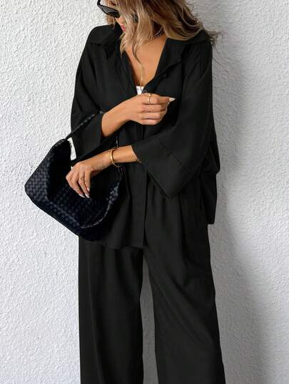 Aveloria Modichic 2pcs/Set Women Blended Side Slit Loose Shirt And High Waist Wide Leg Pants Elegant Business Casual Women 