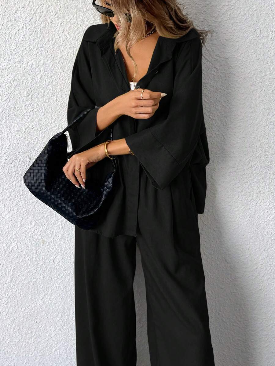 Aveloria Modichic 2 件套女士混纺侧开衩宽松衬衫和高腰阔腿裤优雅商务休闲女装 - 黑色 - 查看 1