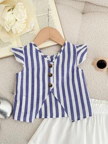 Babygirl Blue Striped Casual Matching Crop Top And Shorts Set, Summer