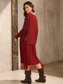 Wildy Women's Casual Commuting Simple Solid Ribbed Knit Drop Shoulder Loose Long Sleeve T-Shirt And Mesh Layered Skirt Set, Spring/Autumn - Burgundy - View 5