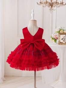 Glamorique Kids 女婴红色亮片大蝴蝶结格子网眼芭蕾舞裙，带荷叶边下摆，高端缎面无袖派对礼服，适合圣诞节、万圣节、庆典、舞台表演、生日 - 紅色 - 查看 3