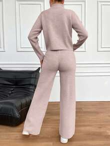 EURMUSE 2pcs Women Autumn/Winter Casual Solid Color Knitted Sweater & Pants Set - Dusty Pink - View 2