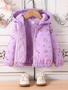 SHEIN 女婴秋冬新款休闲可爱碎花粉色小花保暖外套加厚连帽保暖外套女婴外套幼儿女童碎花外套女婴冬季外套 - 紫色 - 查看 1