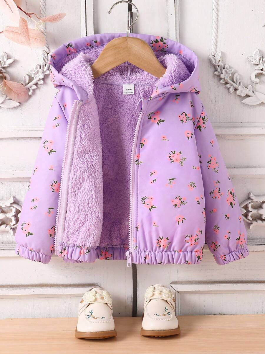 SHEIN 女婴秋冬新款休闲可爱碎花粉色小花保暖外套加厚连帽保暖外套女婴外套幼儿女童碎花外套女婴冬季外套 - 紫色 - 查看 1