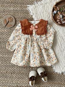 SHEIN 女婴可爱长袖公主裙，时尚优雅，春秋季 - 棕色 - 查看 9