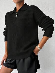 EURMUSE Women Half-Collar Zip-Up Loose Casual Long Sleeve Sweater, Solid Color, Autumn/Winter - Hitam - View 5