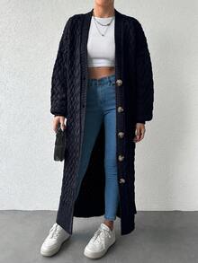 EURMUSE Women's Casual Solid Color Long Cardigan, Versatile For Winter - Navy Blue - View 3