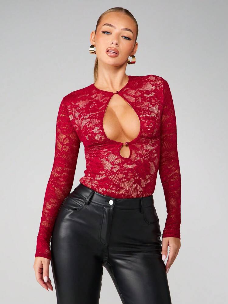 MISSGUIDED Long Sleeve Lace Bodysuit With Keyhole Cut Out Detail For Evening Party Occasions
