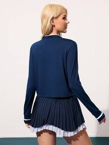 CourtClass Women's Striped Print Turtleneck Half-Zip Long Sleeve Top Tennis Tops Long Sleeve Tennis