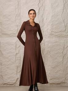 Modelyn Women's Elegant Commuter Solid Color Front Button Long Dress