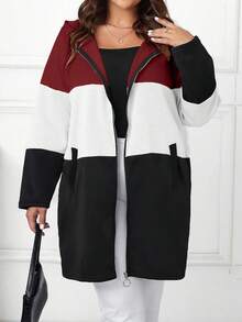 Plus Size Casual Everyday Contrast Color Zip-Up Hooded Jacket, Autumn