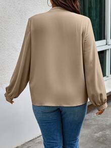 Elenzga 秋季大码休闲纯色扭领宽松衬衫 - 棕色 - 查看 2