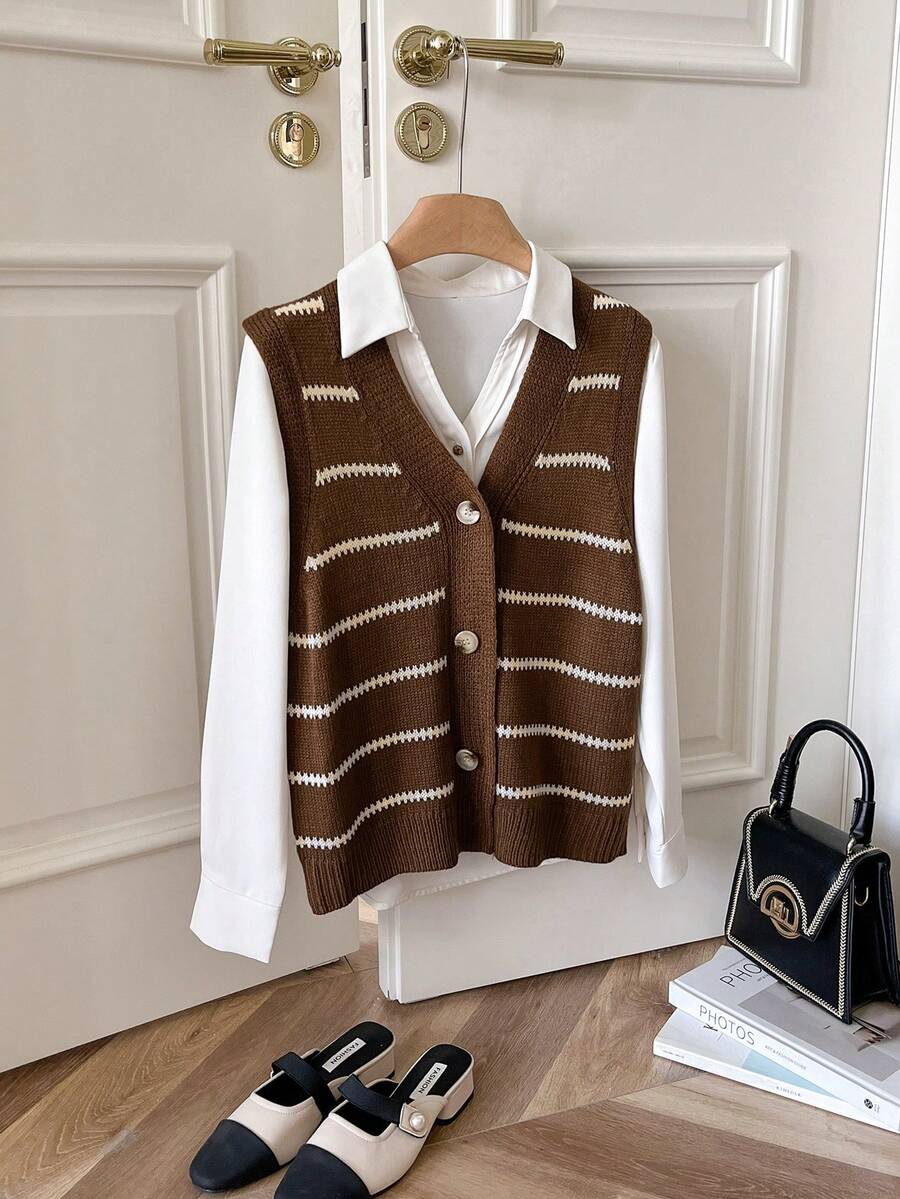 SHEIN Frenchy 女士休闲通勤条纹针织背心 - 彩色 - 查看 1