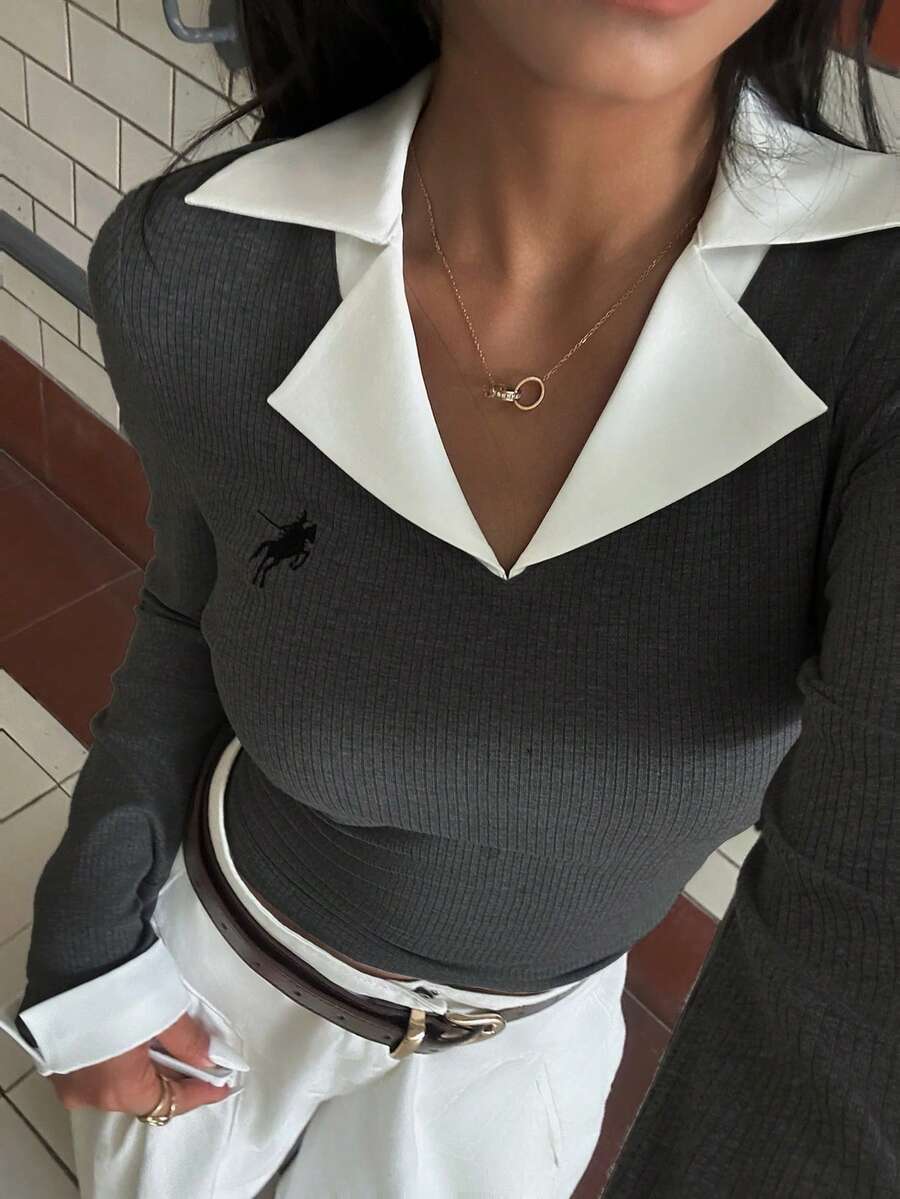 Rina Fox Áo thun dài tay ôm sát màu tương phản đơn giản thời trang thu đông cho nữ cỡ lớn - Màu xám đen - Xem 1