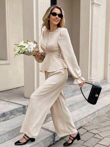 SHEIN Frenchy Bộ đồ 2 món thiết kế áo thun và quần dài tay cổ tròn màu trơn dành cho nữ - Màu be - Xem 8