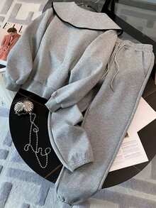 SHEIN 宽松公主领半拉链插肩袖上衣+斜插袋松紧腰休闲裤 - 灰色 - 查看 2