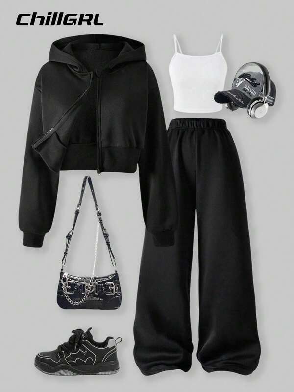 SHEIN 3pcs/Set Teen Girls Solid Color Fleece Lined Zip Up Hoodie, Tank Top And Wide Leg Pants Casual Fashion Outfit, For Daily Wear, Commuting, And School Fall Winter