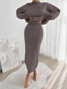 EURMUSE Women's Autumn Simple Solid Color Batwing Sleeve Sweater And Skirt Set - Mocha Brown - View 5