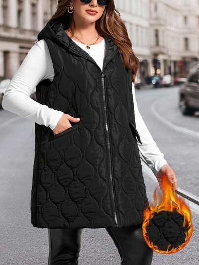 SHEIN Clasi Plus Size Black Quilted Hooded Sleeveless Padded Coat,Hooded Sleeveless Quilted Vest