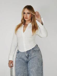 Arliah Women's Autumn/Winter New Office/Commuting Daily Pointed Hem Chest Ruched Stand Collar Single-Breasted Slim Fit Long Sleeve White Shirt - White - View 4