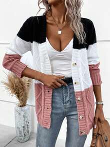 EURMUSE Women's Contrast Color Long Sleeve Single-Breasted Casual Loose Knit Cardigan,Cardigans,Petite,Tall - Rusty Rose - View 3