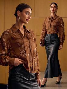 MOTF PREMIUM Áo sơ mi cổ thắt nơ thêu sequin tương phản - màu nâu - Xem 2