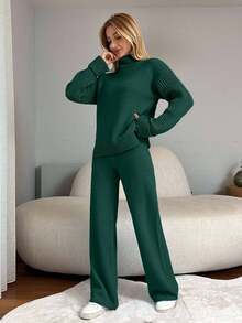 EURMUSE Women High Neck Dropped Shoulder Long Sleeve Casual Loose Sweater And Knitted Pants Set,Petite Co Ord,Co Ord,Petite,Winter Clothes - Dark Green - View 4