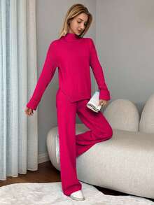 EURMUSE 2pcs Women Casual Solid Color Side Slit Sweater And Pants Set, Autumn/Winter - Hot Pink - View 4