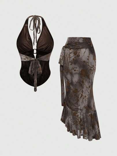 Kawaii Ensemble 2 pièces pour femmes avec top ras-du-cou à col en V profond et dos nu rétro, et jupe moulante queue de poisson avec ceinture anneau rond