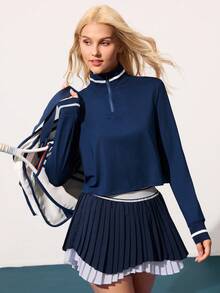 CourtClass Women's Striped Print Turtleneck Half-Zip Long Sleeve Top Tennis Tops Long Sleeve Tennis