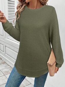 SHEIN LUNE 女式休闲运动衫，不对称下摆，纹理提花条纹面料 - 橄欖綠 - 查看 3