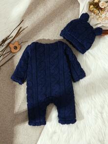 SHEIN Vintaside Kids 新生儿男女通用休闲日常可爱几何图案抓绒连体衣，带帽子，适合外出，秋冬季 - 寶藍色 - 查看 2