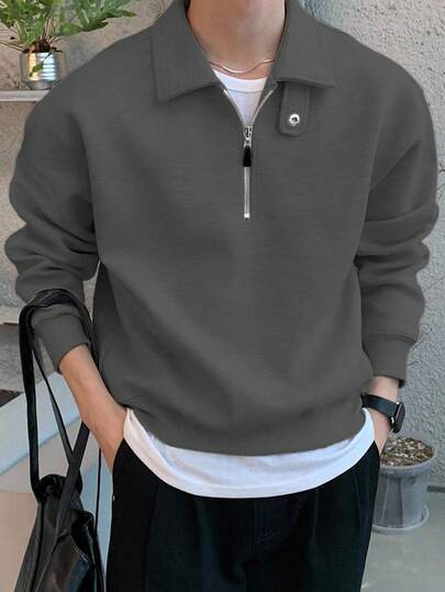 DAZY 男士纯色 Polo 领可调节纽扣套头卫衣，秋冬四分之一拉链款