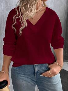 EMERY ROSE Autumn/Winter New Fashion Casual V-Neck Long Sleeve Burgundy Waffle Texture Fabric Plus Size T-Shirt - Burgundy - View 5