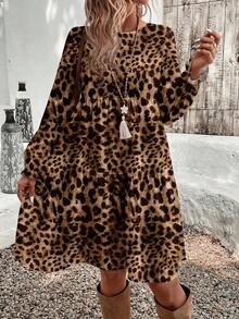 EMERY ROSE Casual Leopard Print Round Neck Long Sleeve Elegant Women's Mid-Length Dress,Brown,Autumn,Boho,Vacation Cheetah Animal Print Plus Size Winter Outfits - Brown - View 4