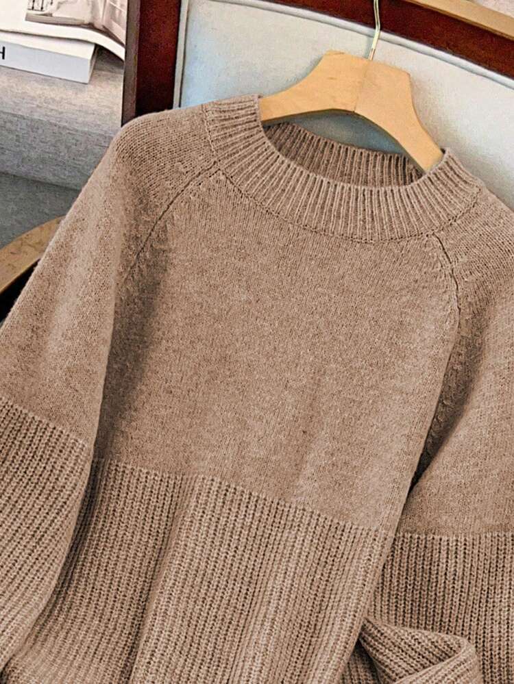 GlowEve CURVE Plus Size Women Loose Casual Raglan Sleeve Knitted Pullover Sweater, Winter - Khaki - View 4