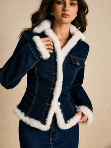 Poéselle 女士时尚保暖牛仔外套，秋冬季毛领修身长袖大衣，商务休闲女装，圣诞节女装 - 深色水洗藍 - 查看 6