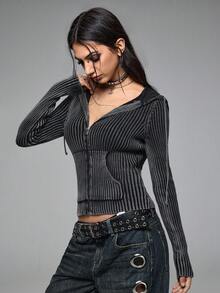 ROMWE Grunge Punk Punk Style Ribbed Zip-Up Hooded Cardigan For Women - Grey - View 4