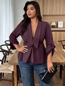 SHEIN LUNE Blusa elegante de manga larga con volantes y nudo en el bajo, de unicolor, talla grande - Granate - Ver 4
