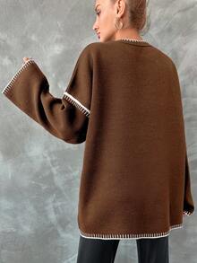 EURMUSE Women Casual Contrast-Trim Dropped Shoulder Oversized Sweater, Autumn/Winter - Chocolate Brown - View 2