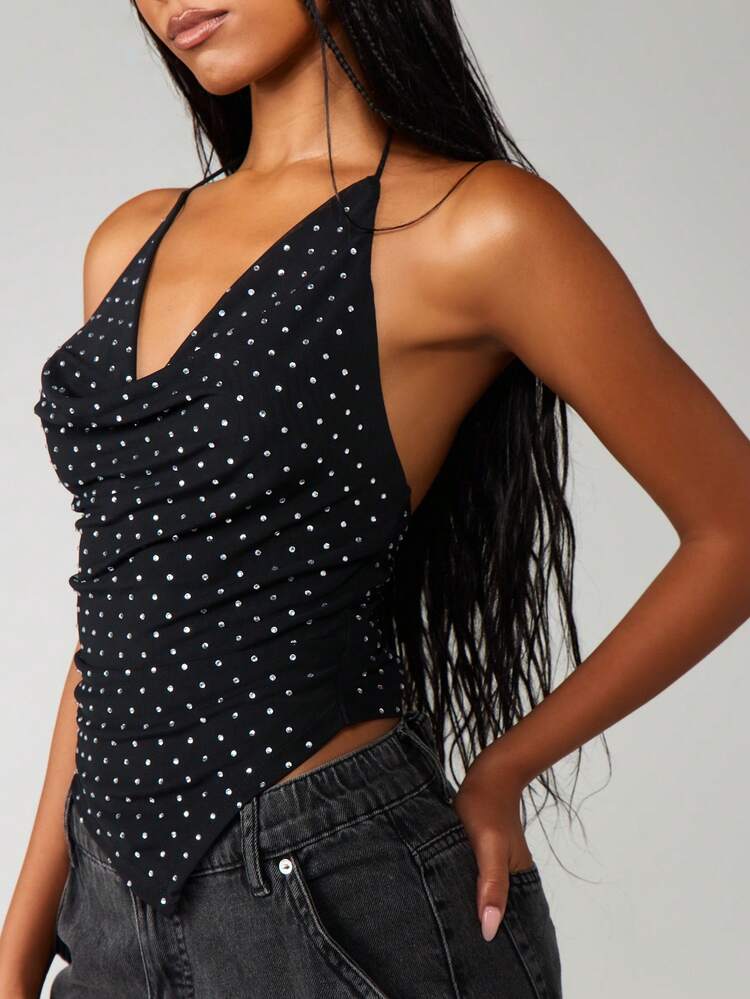 MISSGUIDED Hot Fix Halter Neck Top With Polka Dot Pattern And Deep V Neckline