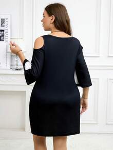 SHEIN Clasi Plus Size Black & Color Block Printed Elegant Dress Office Attire For Women Work Outfits Tops Dresses Party Floral Flower Knitted Fall - Black and White - View 3