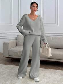 SHEIN Tall 高个女款V领宽松毛衣和针织裤套装 - 灰色 - 查看 7