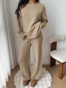 SHEIN Unity 2pcs Set Casual Solid Color Drop Shoulder Loose Knit Sweater And Pants, Autumn/Winter - Khaki - View 6