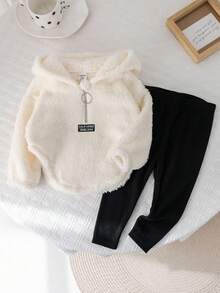 2pcs Baby Girl Cute Fleece Warm Long Sleeve Letter Print Hoodie Sweatshirt And Knit Leggings Set, Autumn/Winter Fall