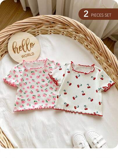 2 件装女婴休闲花卉樱桃印花短袖上衣套装
