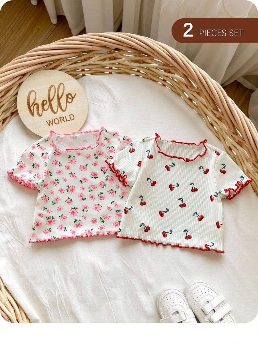 Set de 2 piezas de parte superior de manga corta con estampado floral y de cerezas para niña bebé informal - Multicolor - Ver 1