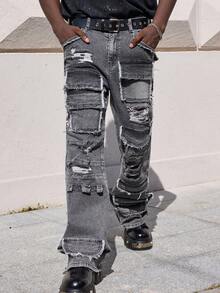 ROMWE MEN Street Life Men's Fashion Frayed Pocket Slim Fit Casual Denim Jeans