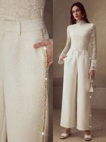 MOTF PREMIUM FAUX PEARL DETAIL SLANT POCKET PANTS - Apricot - View 1