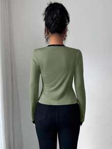 Selianne 2pcs Women Knit Patchwork Elegant Long Sleeve Top And Vest Set - Olive Green - View 2